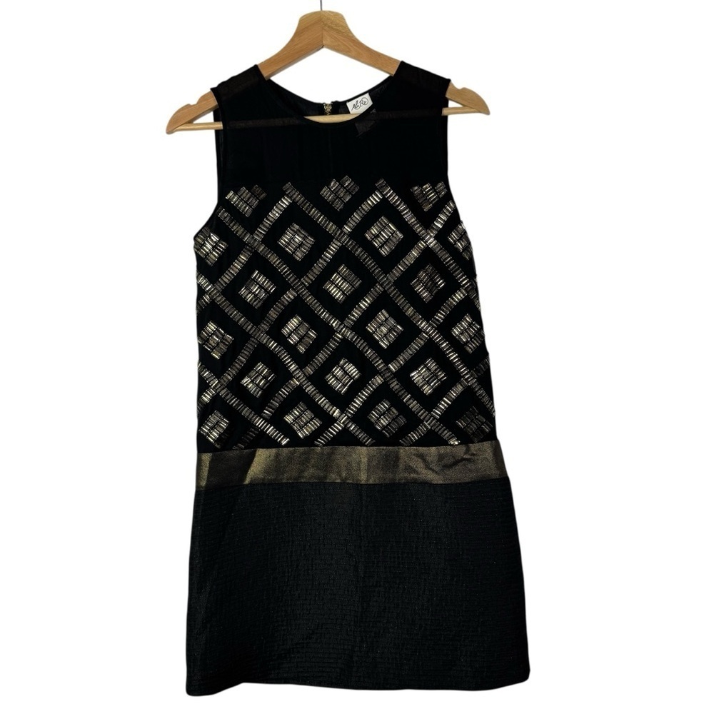 Ali Ro Black & Gold Beaded Diamond‎ Silk Mini Shift Dress 0